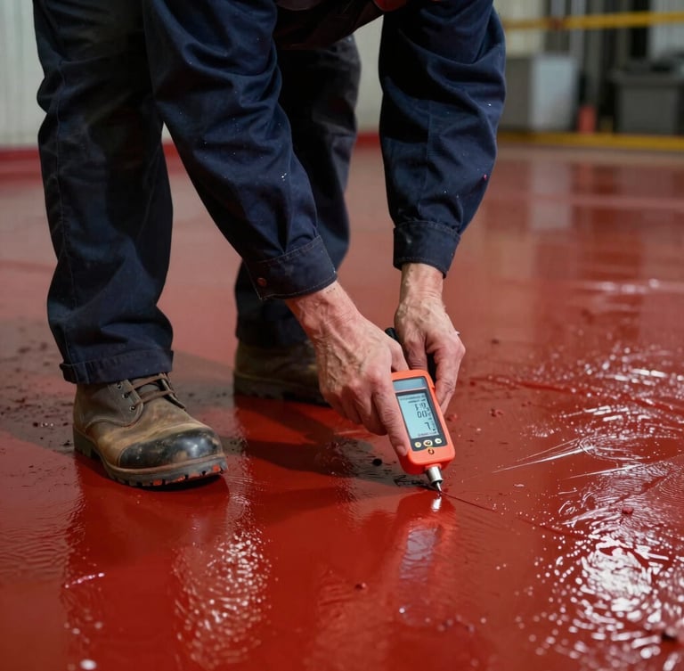 Close-up of a technician in safety boots measuring the dry film thickness of a cured red industrial epoxy floor with a digital gauge