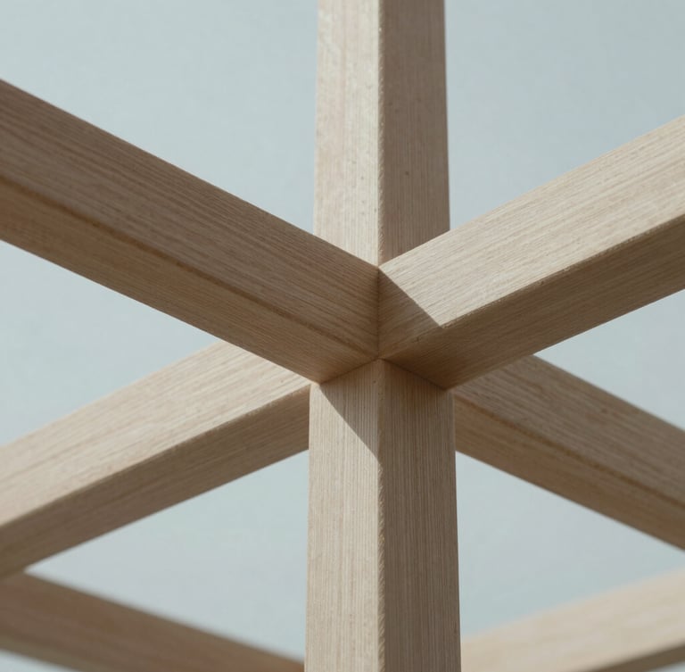 Macro detail of precision-crafted wooden joints in a minimalist architectural structure, soft natural light, clean geometric lines, 35mm lens