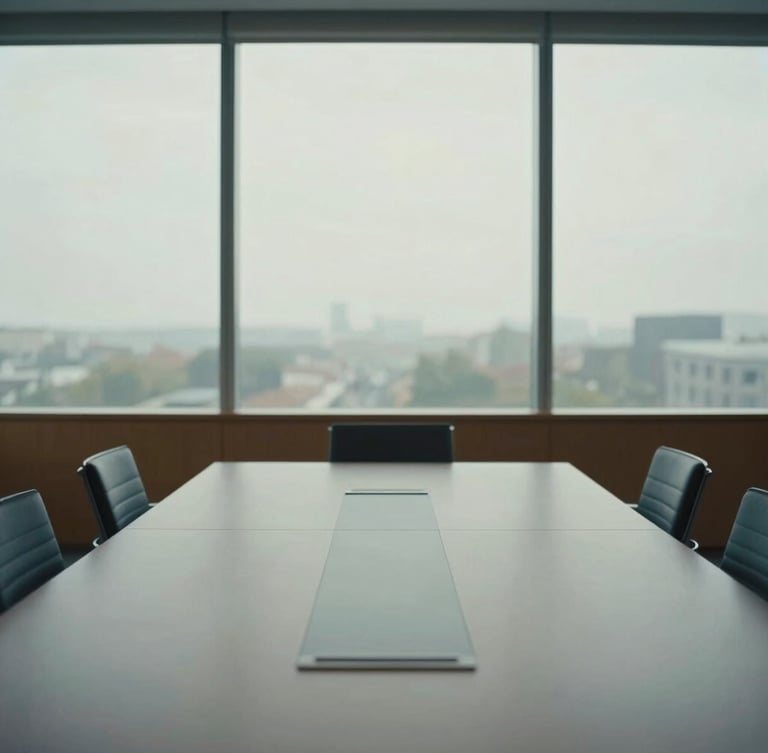 Wide cinematic architectural shot of a quiet, modern boardroom, soft natural daylight filtering through large windows, desaturated cool tones, sharp focus, 35mm lens.