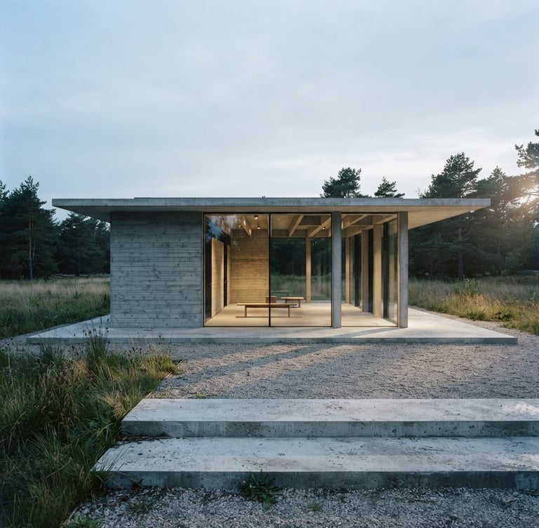 Wide-angle minimal architectural shot of a concrete and glass pavilion, soft natural daylight casting long shadows, desaturated cool tones, 35mm lens