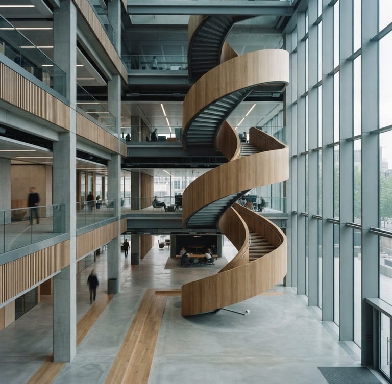 Cinematic architectural shot of a modern corporate atrium, soft natural daylight, desaturated cool tones with warm wood accents, sharp focus, 35mm lens.
