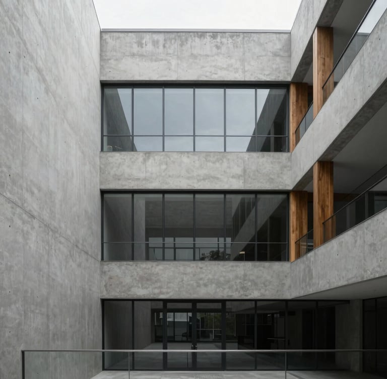 Minimalist architectural photography of a modern concrete and glass atrium, soft natural daylight, desaturated cool tones with warm wood accents, sharp focus, 35mm lens.