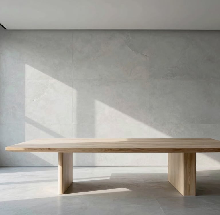 Architectural details of a minimalist limestone boardroom, soft natural light casting long shadows, clean geometric lines, 35mm lens, sharp focus.