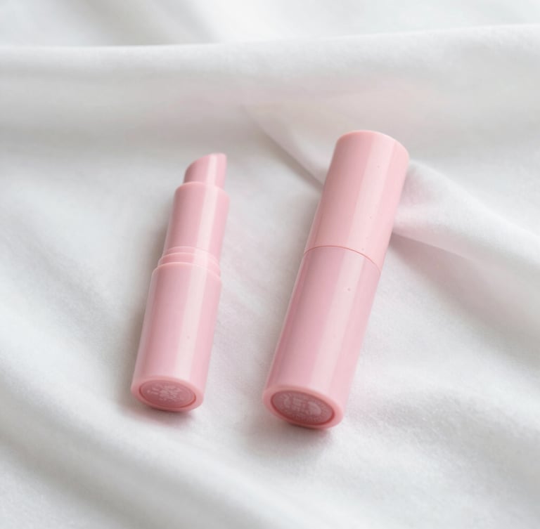 Soft editorial beauty flatlay, pastel pink cosmetics on draped white silk, diffused natural daylight, shallow depth of field