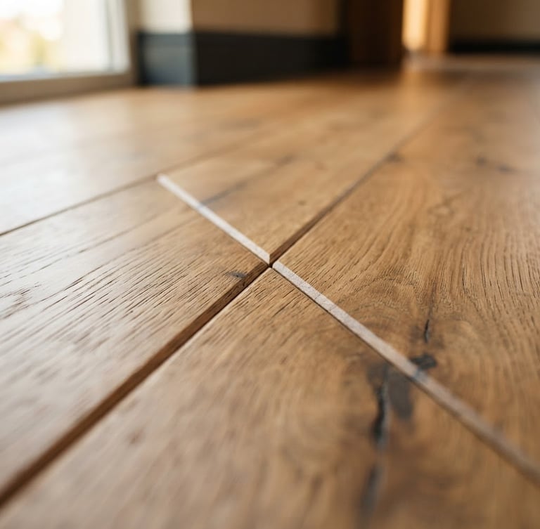 Macro close-up of a flawless miter joint in premium hardwood flooring, warm natural light reflecting off a satin oak finish, architectural detail, shallow depth of field, 35mm
