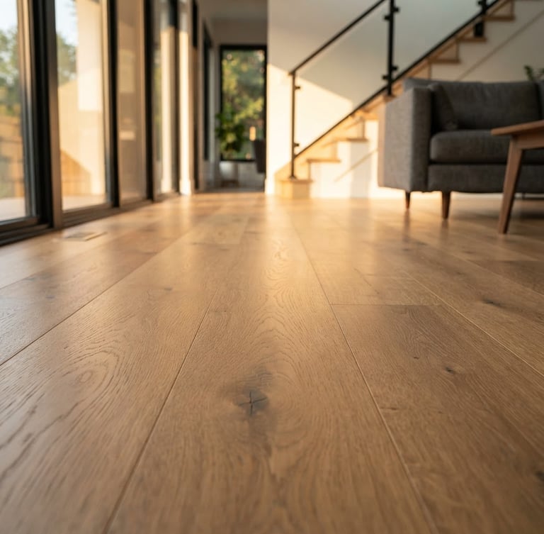 Low-angle architectural shot of finished premium white oak hardwood flooring, natural golden-hour window light reflecting off the smooth matte surface, clean modern room