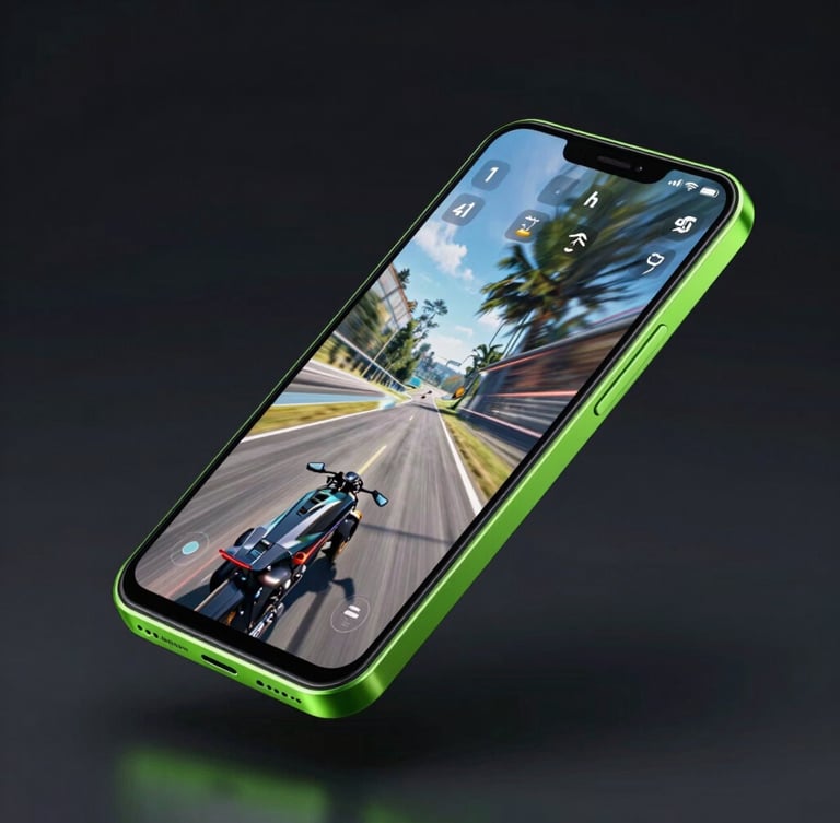 Isometric 3D render of a sleek Android smartphone floating in darkness, neon green edge-glow reflecting off the screen displaying a high-speed racing game, dark obsidian background.