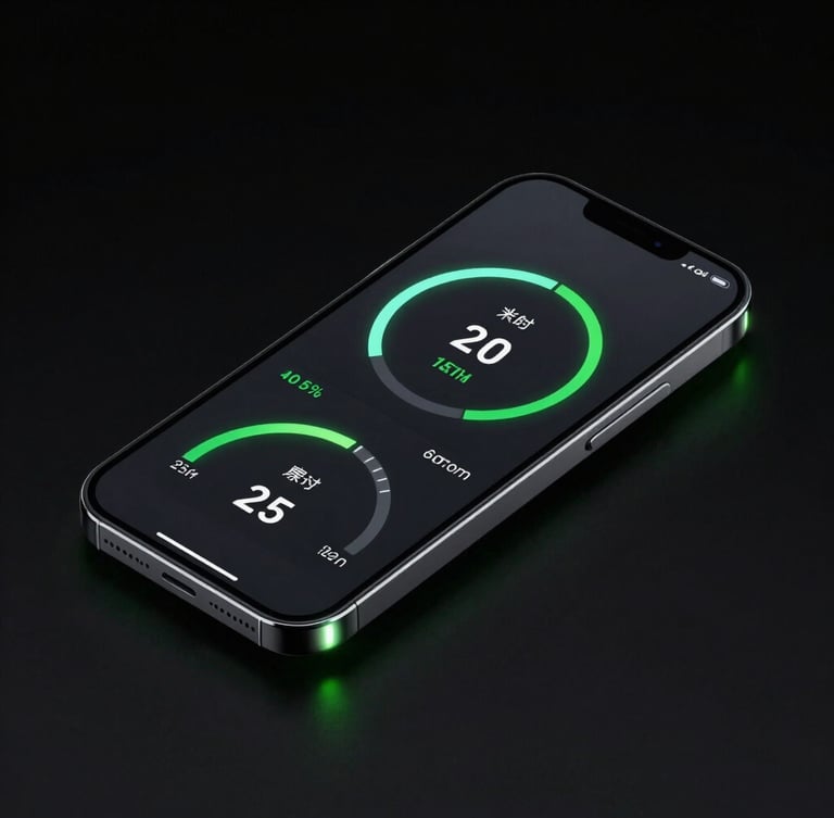 Isometric high-contrast 3D mockup of a dark mobile interface showing system storage metrics, illuminated by sharp electric green edge-glows against a pitch-black background.