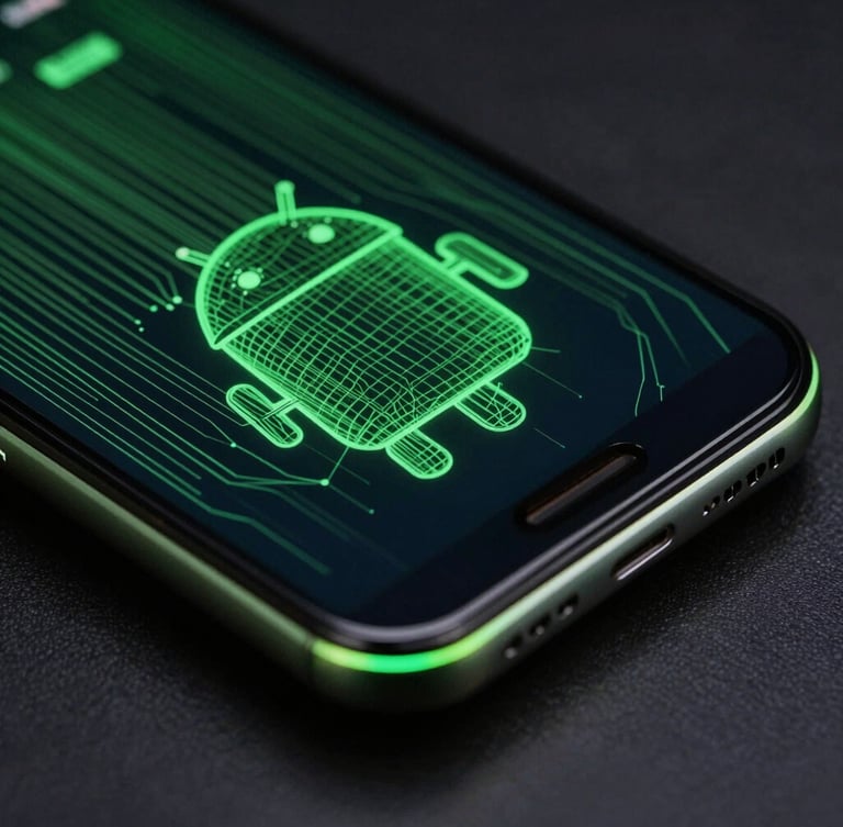 Macro close-up of a high-fidelity Android device mockup showing a dark-mode user interface with electric green wireframes, low-key neon edge-glow lighting, isometric angle.