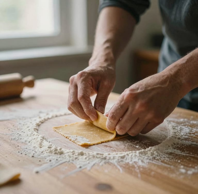 A close-up of hands preparing hand-rolled pasta on a flour-dusted wooden table, soft directional window light, shallow depth of field.