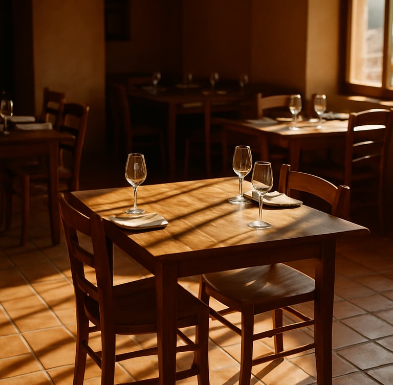 An empty, sun-drenched dining room of a high-end rustic restaurant, warm terracotta tiles, wooden tables set with empty wine glasses, natural light casting long shadows, 35mm film
