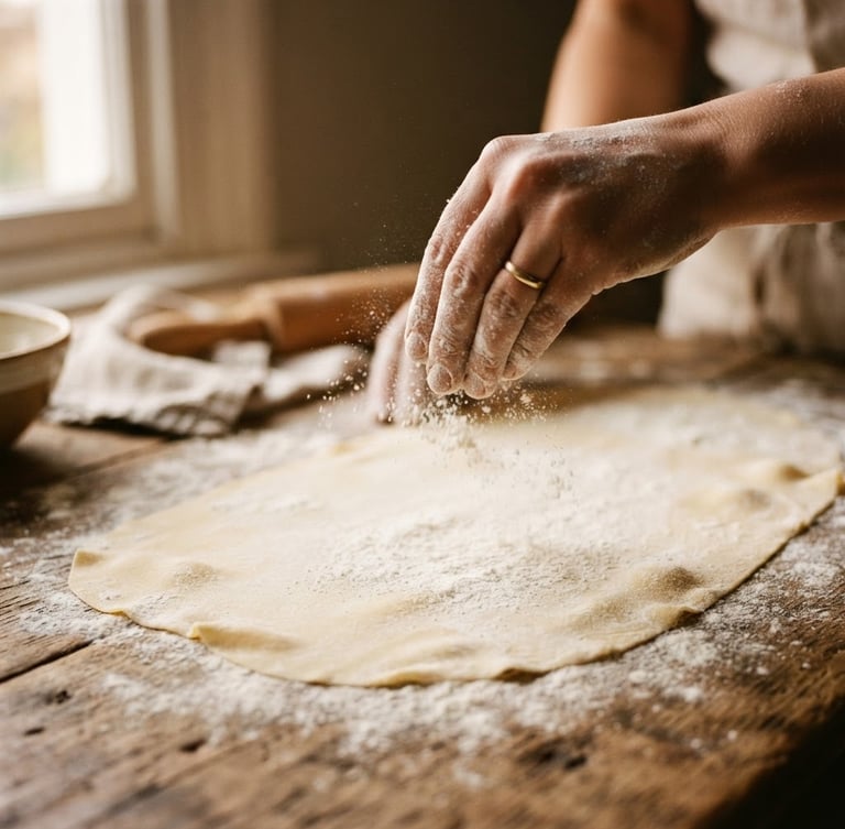 Close-up macro shot of hands dusting flour over freshly rolled pasta dough on a rustic wooden table, soft directional window light, rich shadows, warm editorial photography, 35mm film.