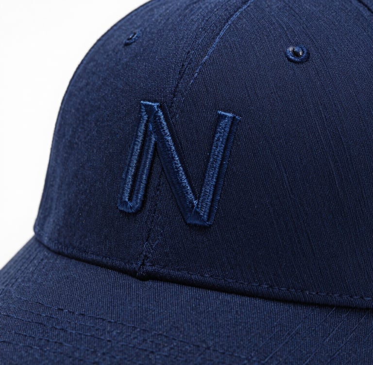 Macro close-up of high-definition embroidery on a premium navy blue corporate cap, bright studio lighting, clean white background, sharp focus