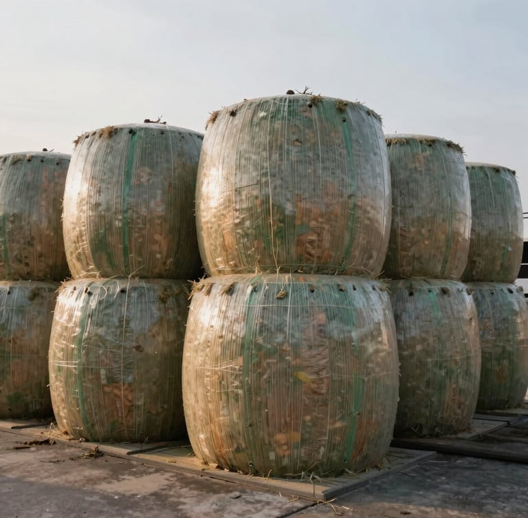 Industrial dairy setup with high-density silage bales wrapped in cool-toned protective film, stacked neatly under bright overcast morning light.