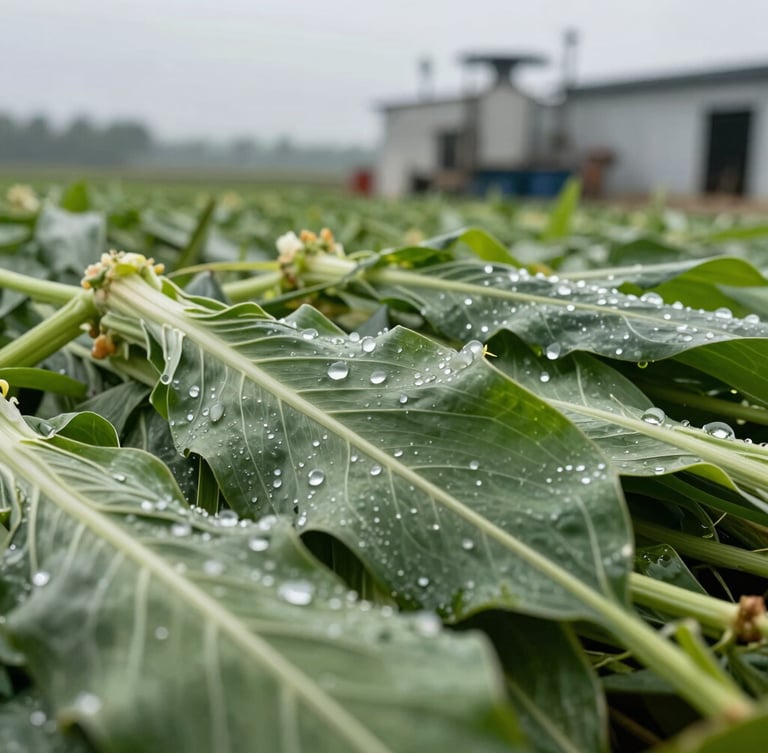Macro shot of rich fermented green corn silage showing detailed leaf textures and moisture beads, cool overcast morning light, high contrast, industrial dairy feed context.