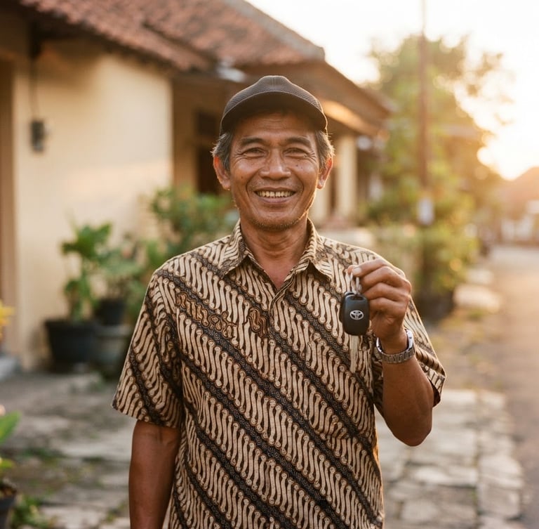 Warm portrait of a friendly Javanese local owner in Yogyakarta, smiling warmly, holding car keys in hand, soft golden hour sunlight, minimalist background, 35mm film aesthetic
