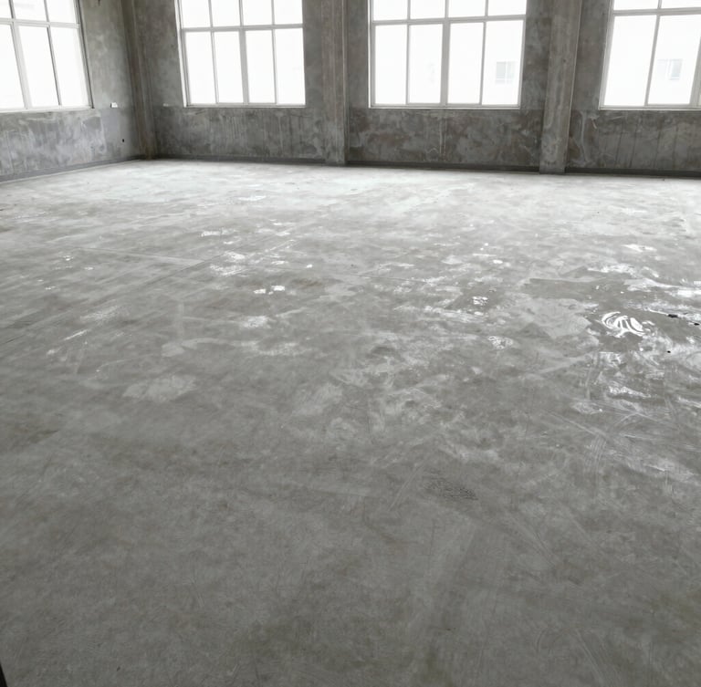 A clean, fully cleared commercial concrete floor after a soft strip demolition, bright natural light pouring through windows, orderly and ready for handover
