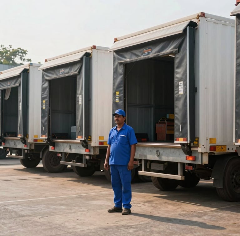 A professional Indian logistics proprietor in a blue uniform standing by a loading dock in Bengaluru, bright morning daylight, documentary logistics photography, 35mm