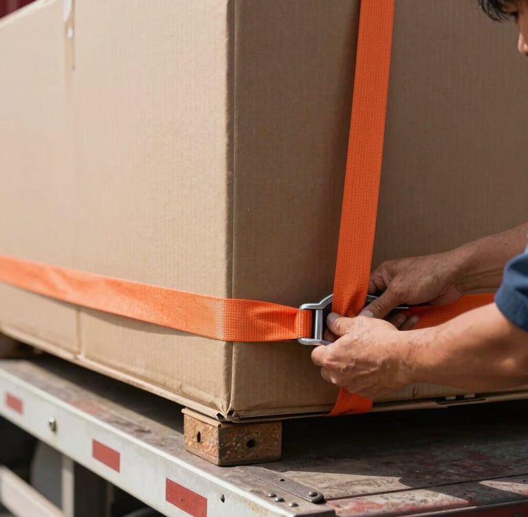Close-up of industrial hands securing heavy commercial cargo box with safety orange ratchet straps on a transport truck bed, sharp focus, daylight.