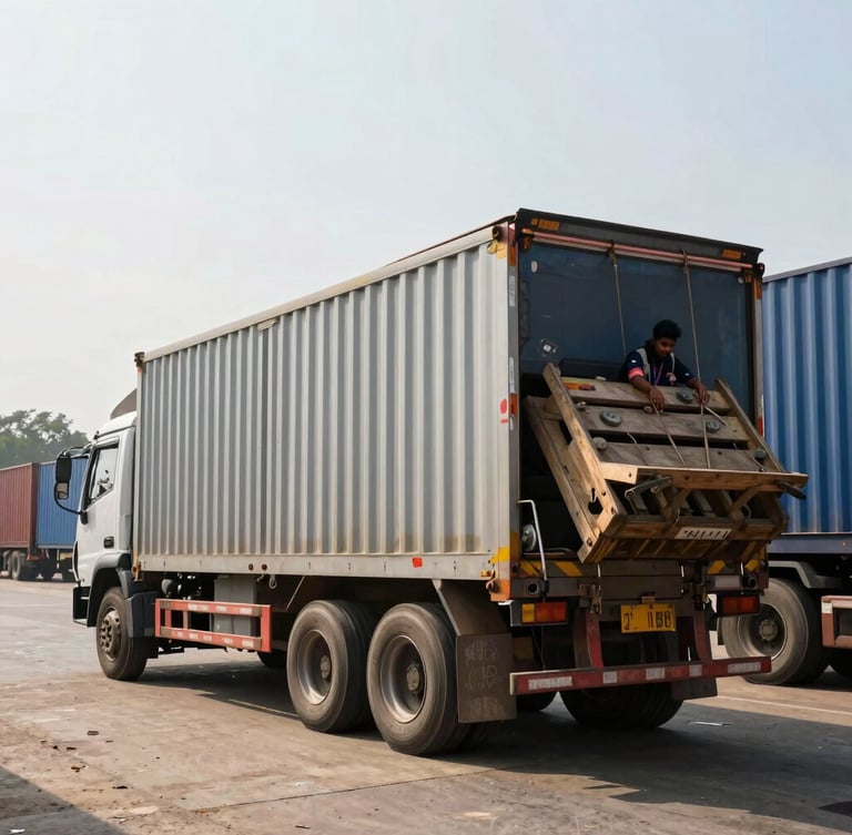 A wide-angle 35mm documentary photograph of a cargo truck being loaded at a busy Bengaluru logistics dock in bright morning daylight, industrial setting.