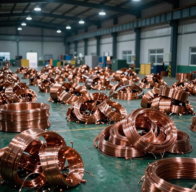 Neatly sorted piles of high-purity copper scrap and wire inside a clean industrial warehouse, cool overhead lighting, sharp focus