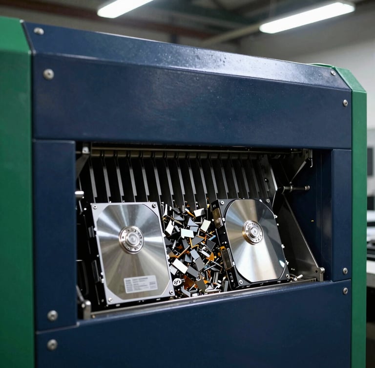 Close-up of a secure industrial shredder processing enterprise hard drives, metal fragments visible, cool crisp lighting, 35mm