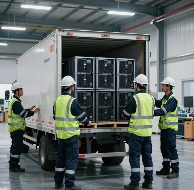 A professional logistics team in safety gear loading secure crates of decommissioned servers into a branded transport truck inside a clean warehouse bay, cool daylight