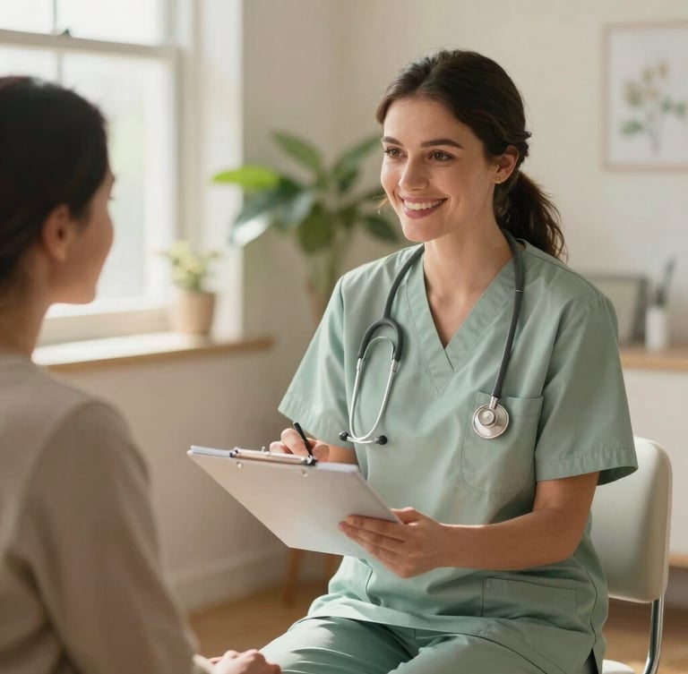 A smiling female doctor in soft sage green scrubs discussing a plan with a relaxed patient in a sunlit room, botanical accents in background, warm window light, 35mm