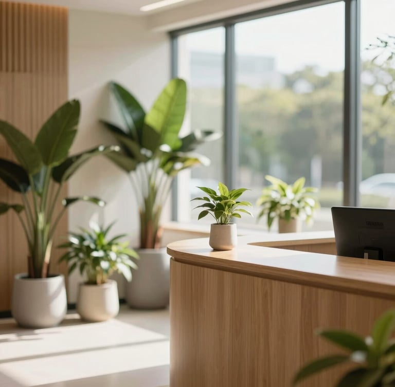 Sunlit modern clinic reception with lush potted plants, warm wooden accents, soft natural light streaming through a large window, shallow depth of field, 35mm photography