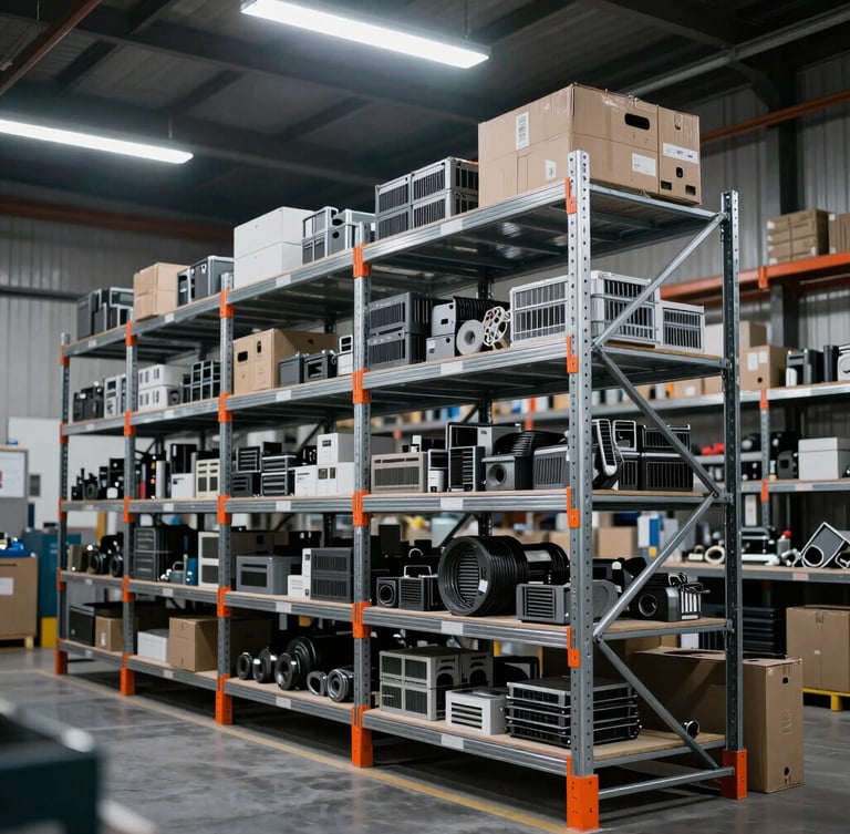 Industrial warehouse with heavy-duty steel shelves holding organized spare parts, high-contrast overhead lighting, cool metallic tones, sharp focus, 35mm