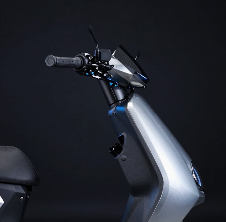 Crisp industrial photography of a sleek electric moped profile in a dark studio, metallic silver frame, cool high-contrast blue highlights, 50mm lens