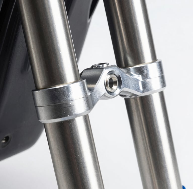 Extreme close-up of machined mechanical joints and suspension forks, cool high-contrast studio lighting, metallic silver and deep charcoal tones, sharp focus, 50mm lens