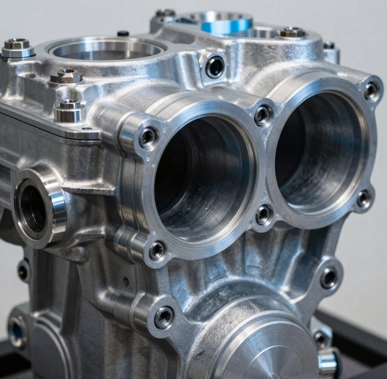 Extreme close-up of a machined motorcycle engine block, cool blue metallic highlights on brushed aluminum, sharp focus on mechanical bolts and tolerances.