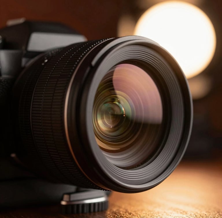 Close-up of a high-end camera lens reflecting studio lights, warm backlight, professional production environment, shallow depth of field, cinematic 35mm style