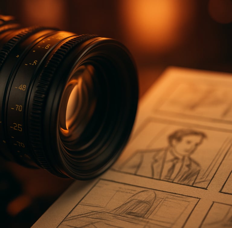 Close-up of a high-end cinema camera lens focusing on a storyboard blueprint, warm studio backlighting, rich orange accents, shallow depth of field
