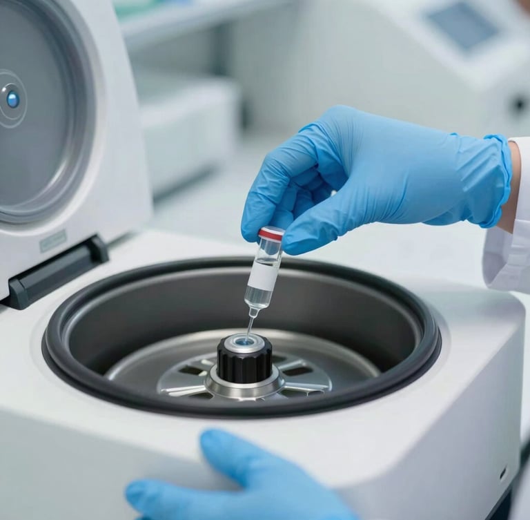 Close-up of a laboratory technician's hands in blue nitrile gloves carefully placing a sample vial into a modern centrifuge, clean clinical background, soft white lighting.