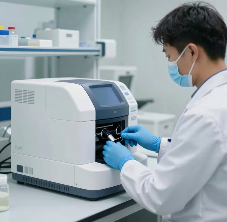 A clean clinical laboratory room in bright daylight, a professional technician in protective blue gloves carefully calibrating a modern diagnostic analyzer, sterile environment, soft white light.