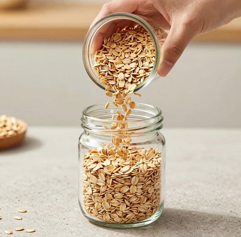 A close-up of hands pouring raw steel-cut oats into a glass jar on a clean stone counter, warm morning light
