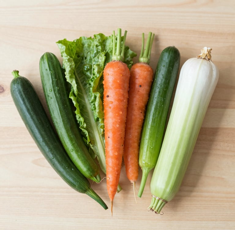 Overhead flat-lay of fresh, vibrant raw vegetables on a light wooden board, bright natural diffused daylight, soft shadows