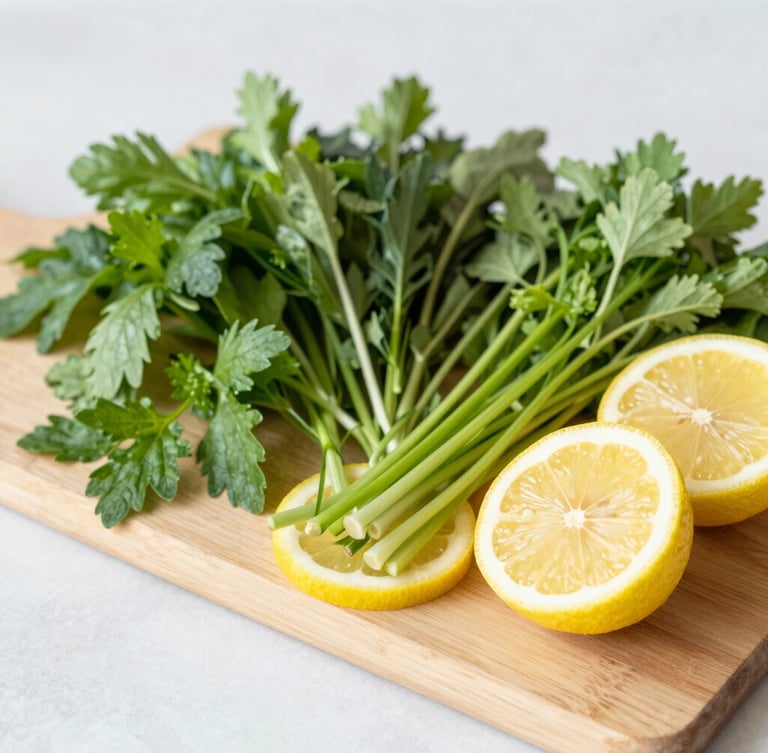 Overhead flat-lay of vibrant fresh herbs and sliced lemons on a light wooden cutting board, soft natural daylight, shallow depth of field