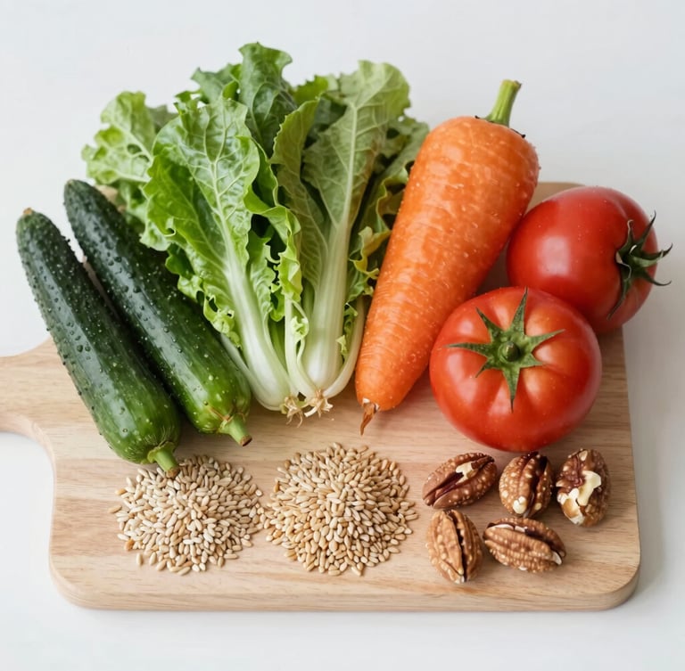 Overhead flat-lay of vibrant fresh vegetables, whole grains, and raw nuts on a light wooden board, soft natural daylight, minimalist composition