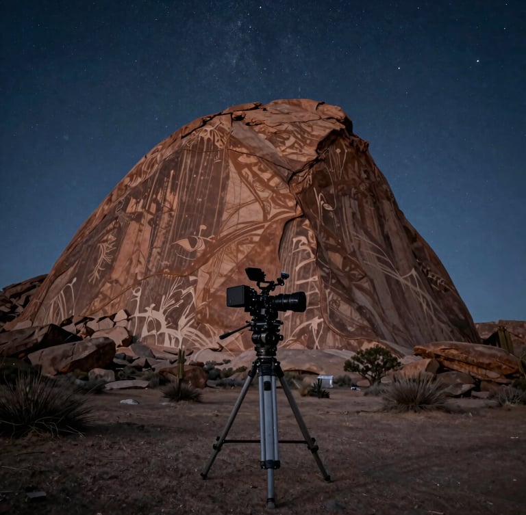 Low-angle anamorphic shot of a heavy camera rig on a tripod in the rugged Arizona desert at astronomical twilight, massive 200-foot painted rock looming in the background, sharp starlight