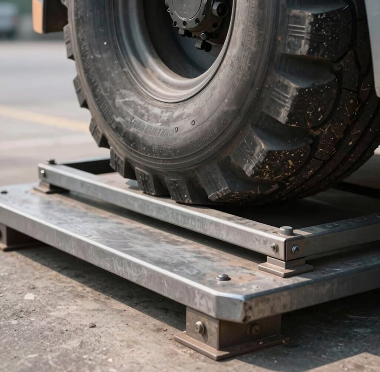 Close-up macro shot of a heavy steel weighbridge scale platform with a massive truck tire resting on it, high-contrast daylight, industrial texture.