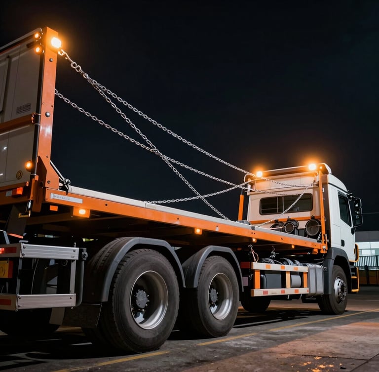 Low-angle wide shot of active cargo securing on a multi-axle flatbed truck in a dark transit yard under high-contrast orange floodlights, steel chains being tensioned.