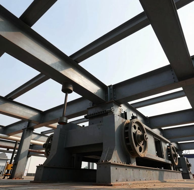 Low-angle wide shot of structural steel scale mechanisms of an industrial weighbridge, heavy steel beams, high-contrast natural daylight, rugged texture.
