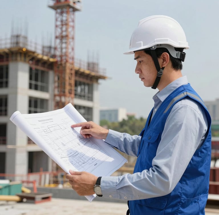 A professional Indonesian engineer in a white safety helmet and blue vest pointing at a technical blueprint on an active construction site, bright natural daylight.