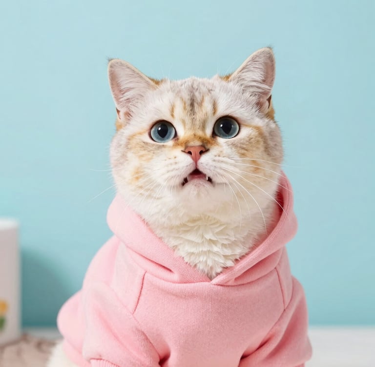 Bright close-up studio photography of a fluffy cat wearing a soft pink hoodie, looking comfortable and playful, natural lighting