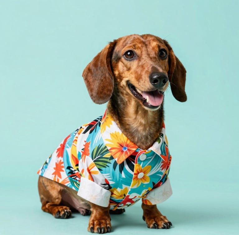 Bright studio photography of a happy dachshund wearing a perfectly tailored colorful Hawaiian shirt, vibrant teal background, eye-level medium shot, 50mm