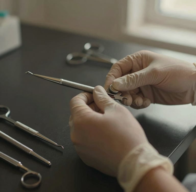 Close-up of hands in non-clinical attire gently adjusting premium dental instruments on a dark, polished surface, softly lit, shallow depth of field, warm editorial photography, no clinical gloves.