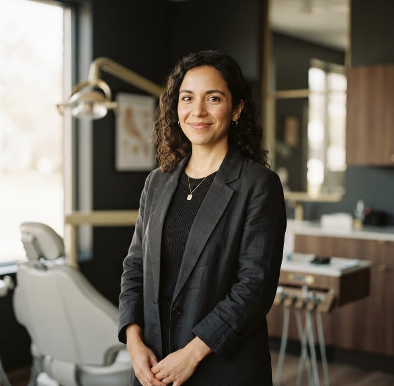 Warm, editorial portrait of a female dentist in a minimalist, softly lit clinic, smiling gently, wearing non-clinical attire, shallow depth of field, 35mm, deep charcoal and muted gold tones.
